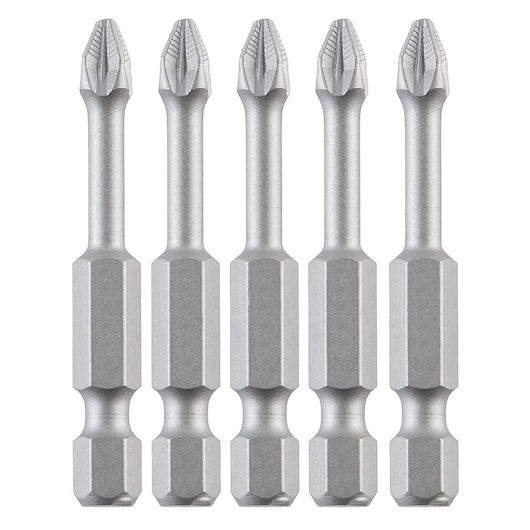Set of five silver DEWALT Phillips screwdriver bits arranged side by side on a white background.