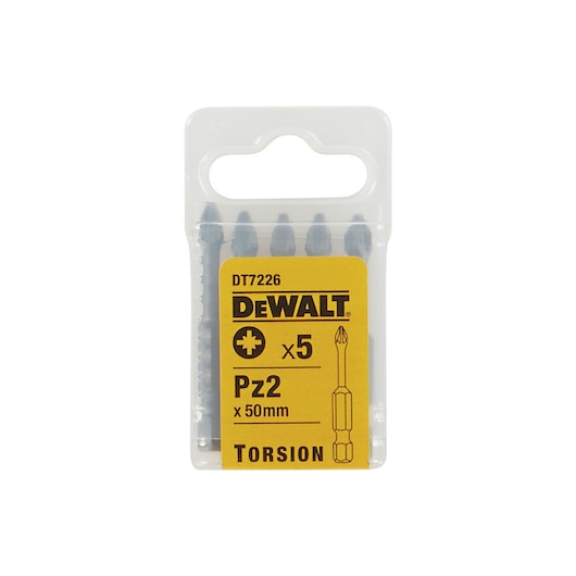 DEWALT DT7226 pack of five Pz2 x 50mm torsion screwdriver bits in a clear plastic case.