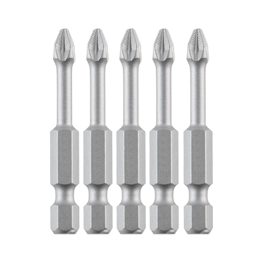 Five silver-colored Phillips screwdriver bits with hex shanks are arranged vertically in a row, designed for use with power tools.