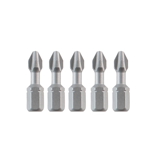 Five DEWALT Phillips screwdriver bits lined up on a white background.