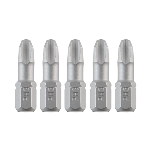 Five silver DEWALT PH3 screwdriver bits lined up in a row on a white background.