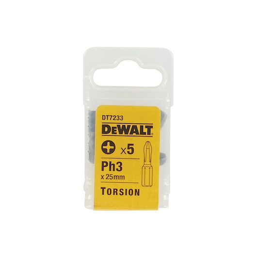 DeWalt DT7233 pack of 5 PH3 25mm torsion screwdriver bits in clear plastic box.