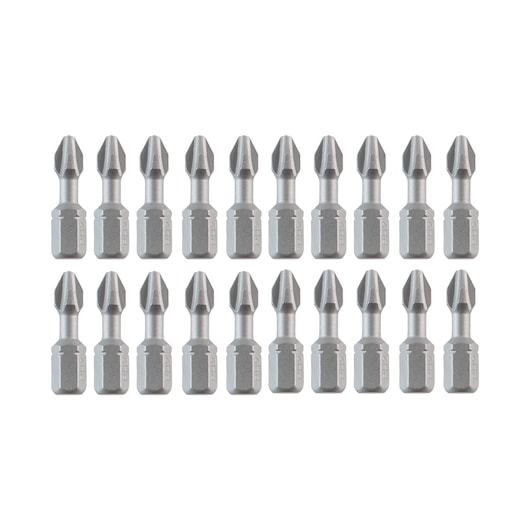 Set of twenty DEWALT screwdriver bits arranged in two rows against a white background.