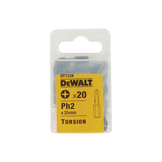 DEWALT DT7238 pack with 20 torsion screwdriver bits, Ph2, 25mm, in a transparent box with yellow label.