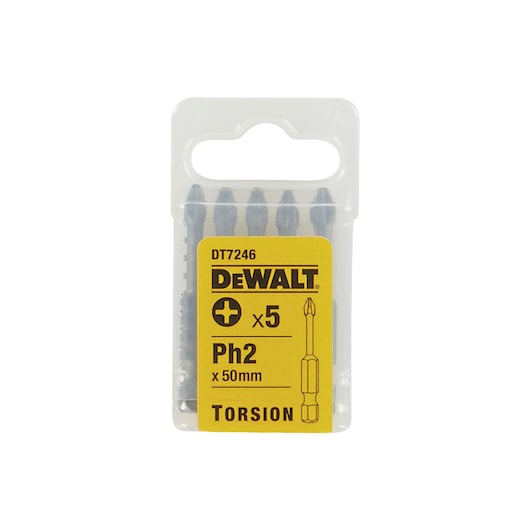DEWALT DT7246 pack of 5 PH2 torsion screwdriver bits, 50mm, in transparent plastic case with yellow label.