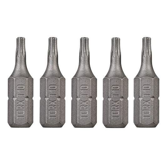 Five DEWALT Torx T10 screwdriver bits are lined up side by side on a white background.