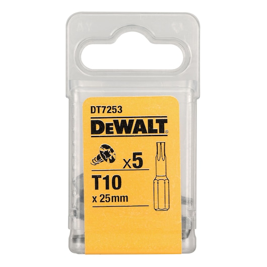 DEWALT DT7253 T10 x 25mm screwdriver bits, pack of 5, in clear plastic packaging.