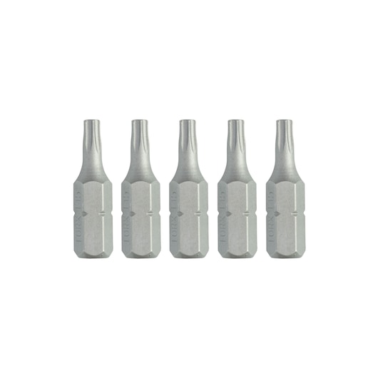 Set of five DEWALT Torx screwdriver bits, positioned upright on white background.