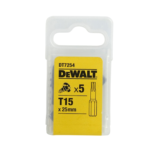 DEWALT DT7254 pack with 5 T15 screwdriver bits, 25mm length, in transparent plastic box with yellow label.