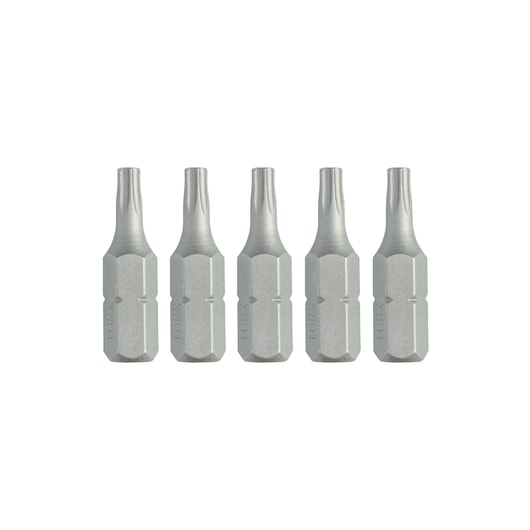 Set of five DEWALT Torx screwdriver bits arranged in a row, silver color, hex base.