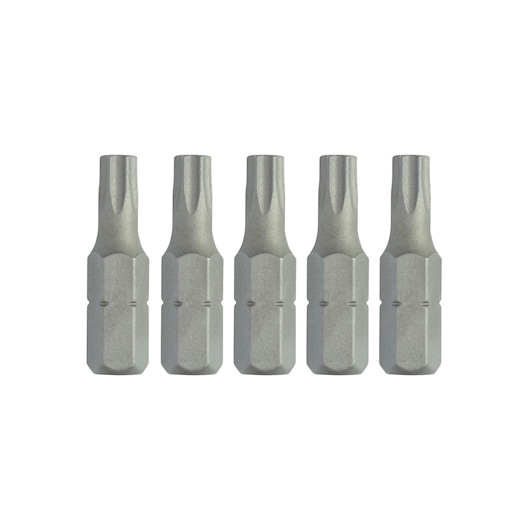 Five silver DEWALT screwdriver bits are displayed in a row on a white background.