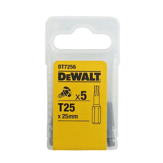 DEWALT DT7256 T25 x 25mm screwdriver bits in a clear plastic box, pack of 5.