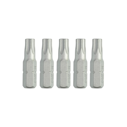 Five silver DEWALT screwdriver bits are arranged side by side on a white background.