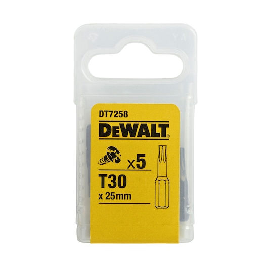 DEWALT DT7258 pack of 5 T30 x 25mm screwdriver bits in a transparent plastic case with yellow label.