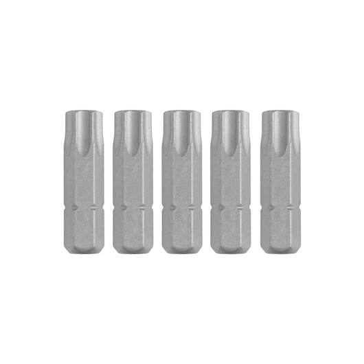 Five DEWALT DT7259 metallic screwdriver bits arranged upright side by side on white background.