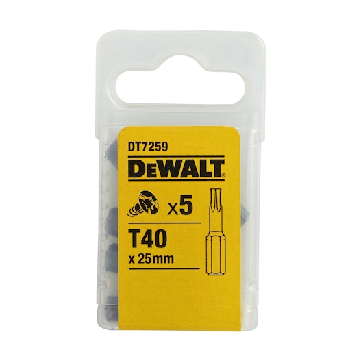 DEWALT DT7259 pack with five T40 x 25mm screwdriver bits in a clear plastic case with yellow label.