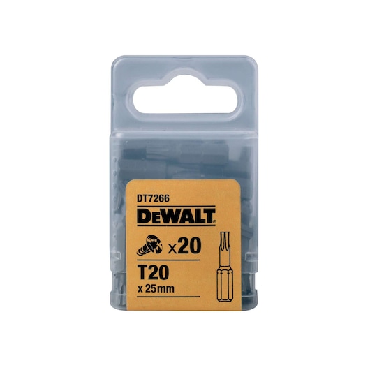 DEWALT DT7266 pack of 20 T20 25mm screwdriver bits in a transparent plastic box.