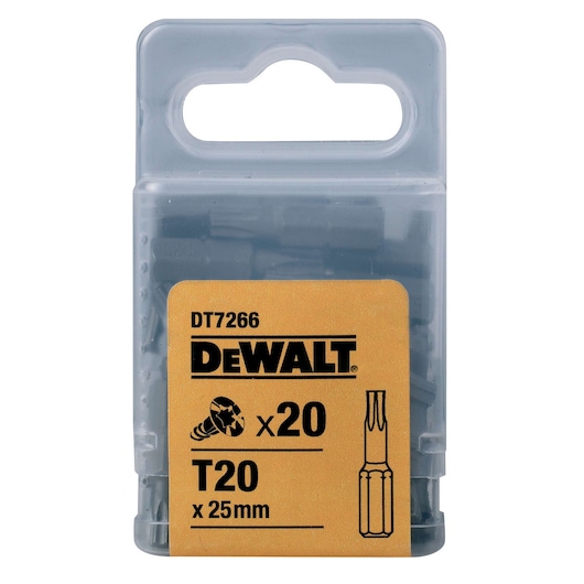 DEWALT DT7266 pack of 20 T20 x 25mm screwdriver bits in a transparent plastic box.
