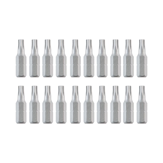 Set of twenty DEWALT screwdriver bits arranged in two rows on a white background.