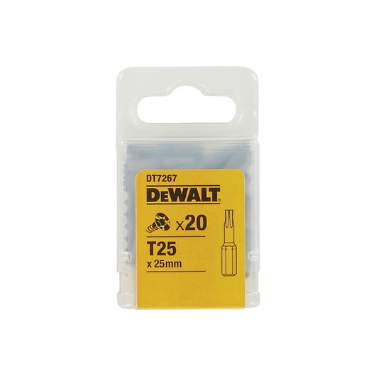 DEWALT DT7267 pack of 20 T25 25mm screwdriver bits in a transparent plastic box.
