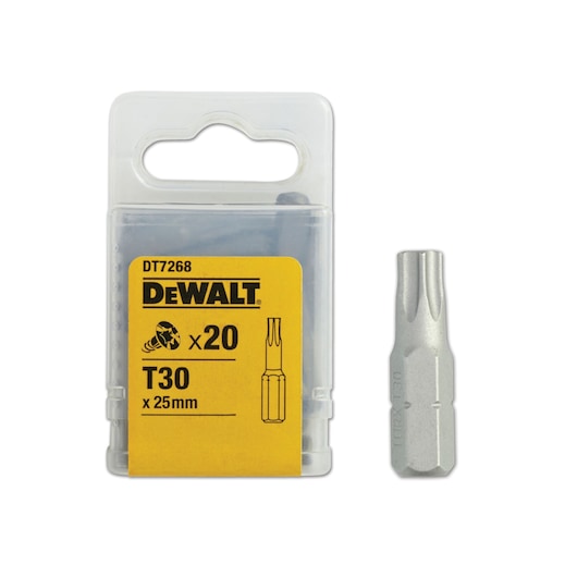 DEWALT DT7268 pack of 20 T30 x 25mm screwdriver bits and one bit shown outside the box.