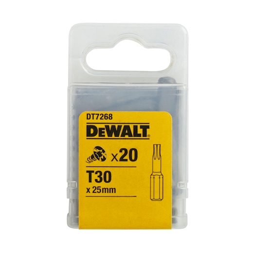 DEWALT DT7268 T30 x 25mm, 20-pack of screwdriver bits in a clear plastic case with yellow label.