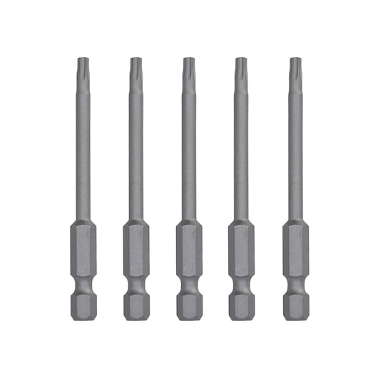 Five DEWALT DT7291 long screwdriver bits shown in a row, gray steel with hex shanks for power tools.