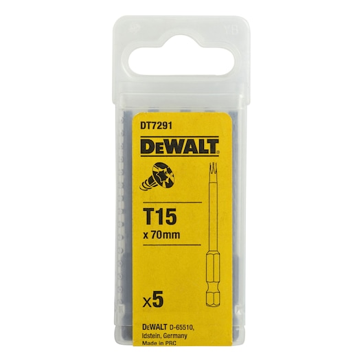 DEWALT DT7291 T15 x 70mm set of 5 screwdriver bits in a clear plastic box with yellow label.