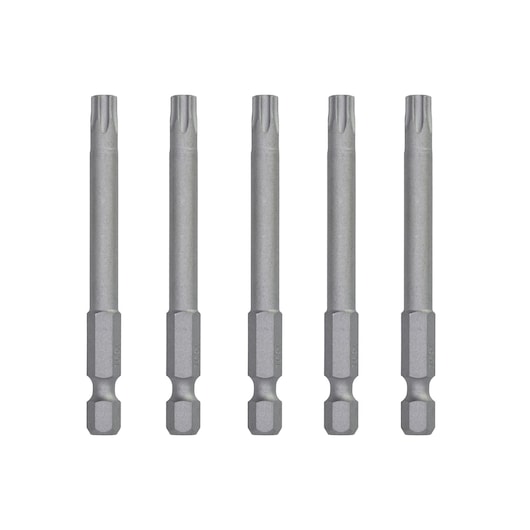 Set of five DEWALT DT7293 screwdriver bits with hex shank, arranged upright side by side.