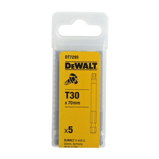 DEWALT DT7295 T30 x 70mm screwdriver bits pack of 5 in yellow plastic packaging.