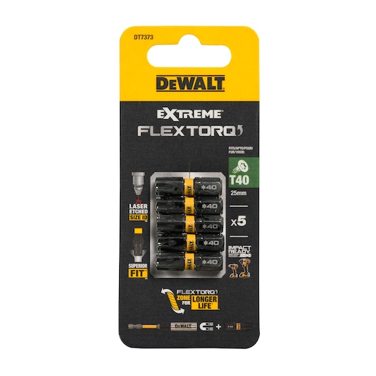 Pack of five DEWALT FlexTorq T40 screwdriver bits, 25mm, impact-ready, shown in black and yellow packaging.