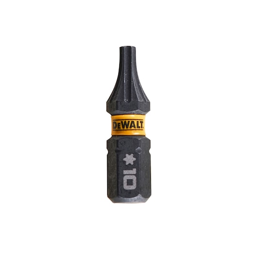 DEWALT DT7379T star screwdriver bit with yellow band and size marking 10, shown upright on white background.