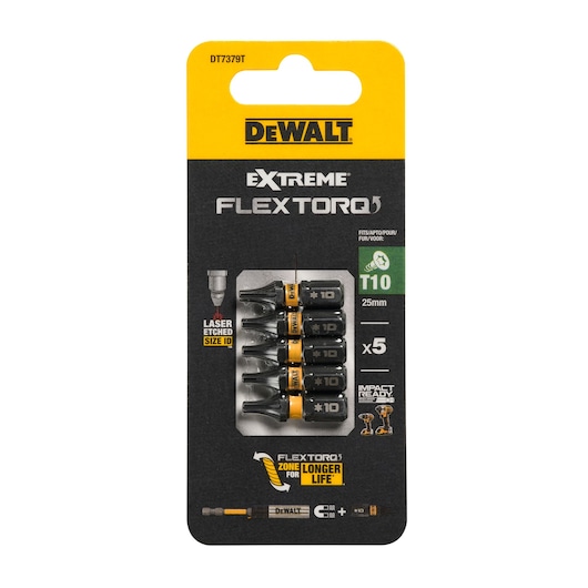 DEWALT DT7379T set of 5 FlexTorq T10 25mm impact screwdriver bits in retail packaging.