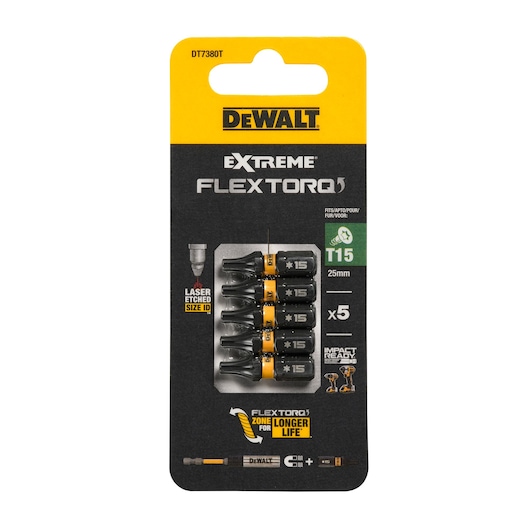 DEWALT DT7380T Extreme FlexTorq T15 25mm screwdriver bits, pack of 5, for impact drivers.