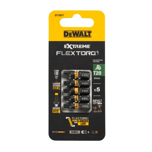 DEWALT DT7381T Extreme FlexTorq T20 25mm impact screwdriver bits, pack of 5 in retail packaging.