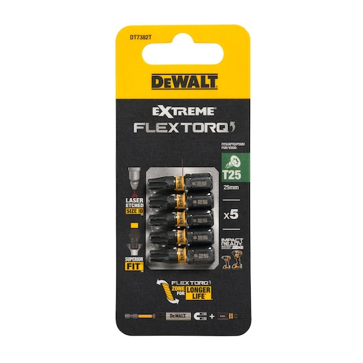 Pack of 5 DEWALT FLEXTORQ T25 25mm impact driver bits, yellow and black packaging, model DT7382T.