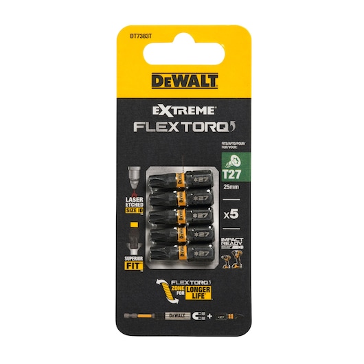 DEWALT DT7383T FLEXTORQ T27 25mm impact driver bits, pack of 5. Black and yellow packaging.