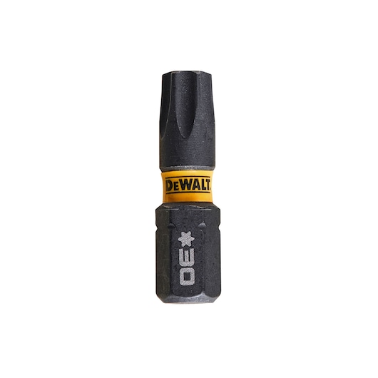 DEWALT DT7384T screwdriver bit, Torx TX30, black and yellow, close-up on white background.