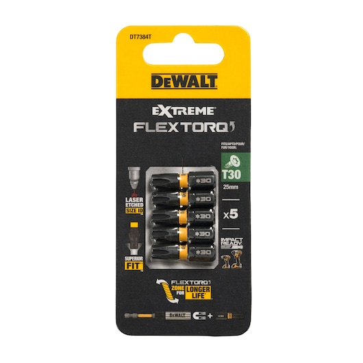 DEWALT DT7384T Extreme FlexTorq T30 screwdriver bits, set of 5, 25mm, impact-ready, shown in retail pack.