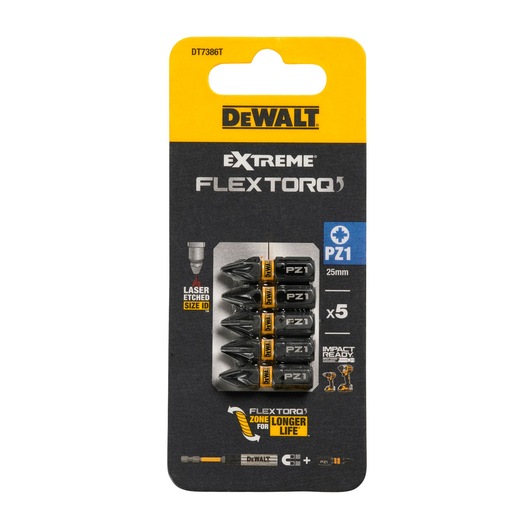 DEWALT DT7386T pack of five 25mm PZ1 screwdriver bits for impact drivers, Extreme Flextorq series.