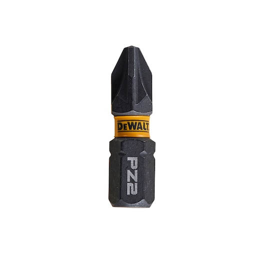 DEWALT PZ2 screwdriver bit, black with yellow band and branding, suitable for use with power tools.