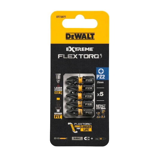 DEWALT Extreme FlexTorq PZ2 25mm screwdriver bits, pack of 5, impact ready, in black and yellow packaging.