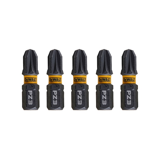 Set of five DEWALT PZ3 screwdriver bits with yellow branding, shown upright on a white background.