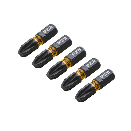 Five DEWALT PZ3 screwdriver bits arranged in a row on a white background.