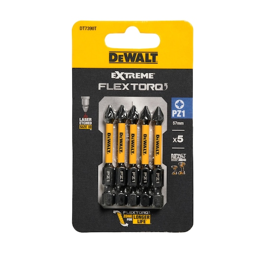 DEWALT DT7390T Extreme FlexTorq PZ1 screwdriver bits pack of 5, 57mm, in black and yellow packaging.