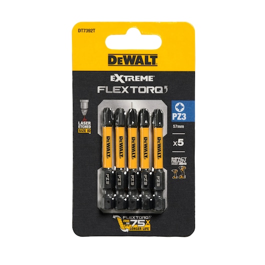 DEWALT Extreme FlexTorq PZ3 57mm screwdriver bits, pack of 5 in retail packaging.
