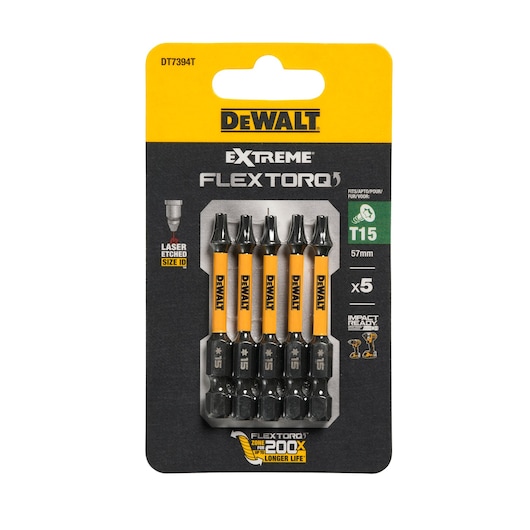 DEWALT DT7394T Extreme FlexTorq T15 screwdriver bits, pack of 5, 57mm, impact ready, shown in retail packaging.