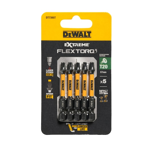 Pack of 5 DEWALT Extreme FlexTorq T20 57mm screwdriver bits in yellow and black packaging.