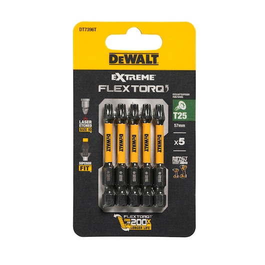 DEWALT Extreme FlexTorq T25 57mm impact driver bits, pack of five in retail packaging.