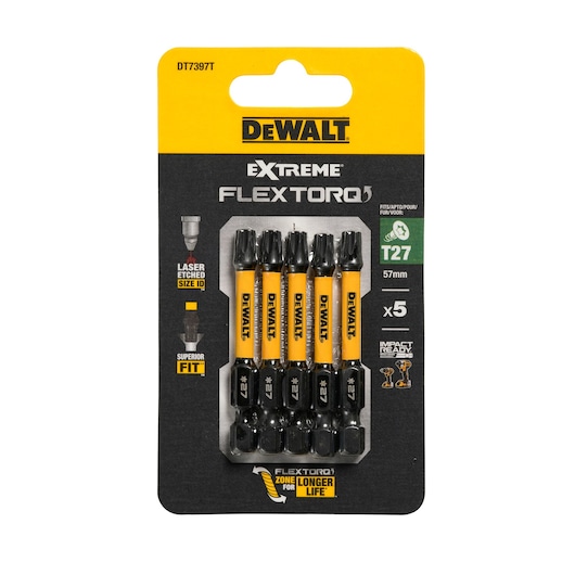 DEWALT Extreme FlexTorq T27 screwdriver bits, 5 pack, 57mm, impact ready in black and yellow packaging.